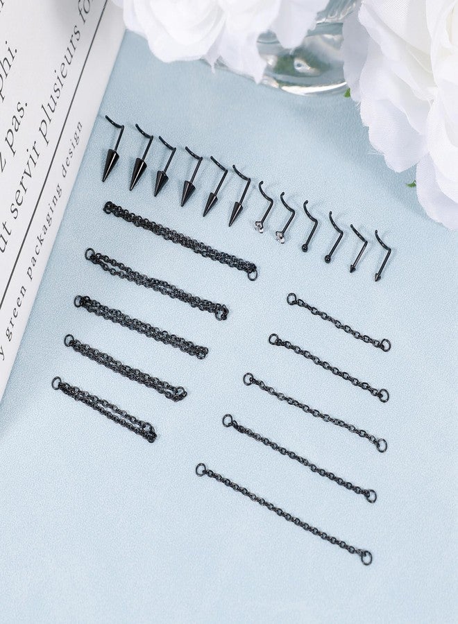 LOREMOW 22Pcs 20G Surgical Steel Nose Ring Chain Nose Ring Stud for Women Men Double Nose Chain Piercing Across Nose Spike Ball CZ Nose Studs Nostril Piercing Jewelry S Black - Image 4